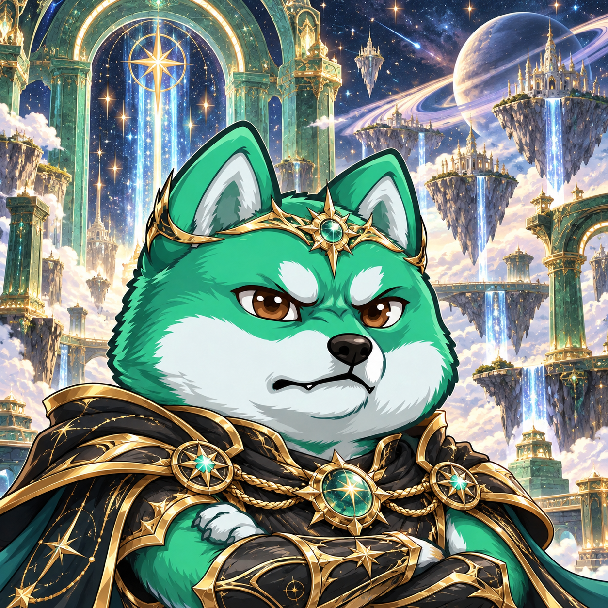 Pumpfun Inu — Legendary Inu: green and white Shiba Inu in a detailed illustrated environment