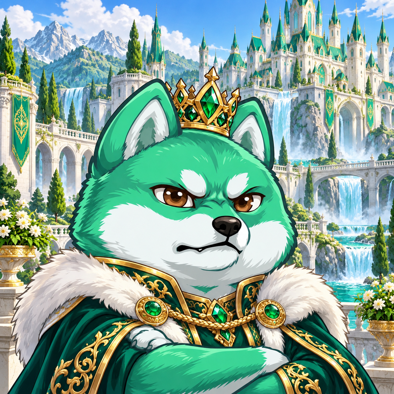 Pumpfun Inu — Royal Inu: green and white Shiba Inu in a detailed illustrated environment