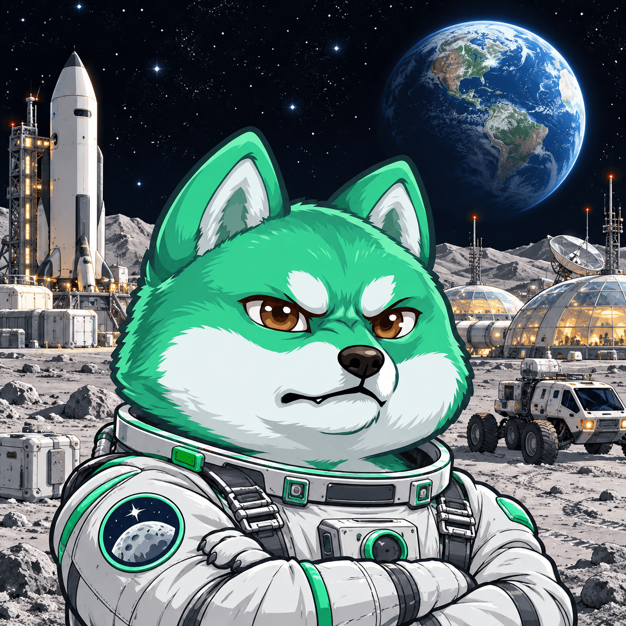 Pumpfun Inu — Moon Inu: green and white Shiba Inu in a detailed illustrated environment