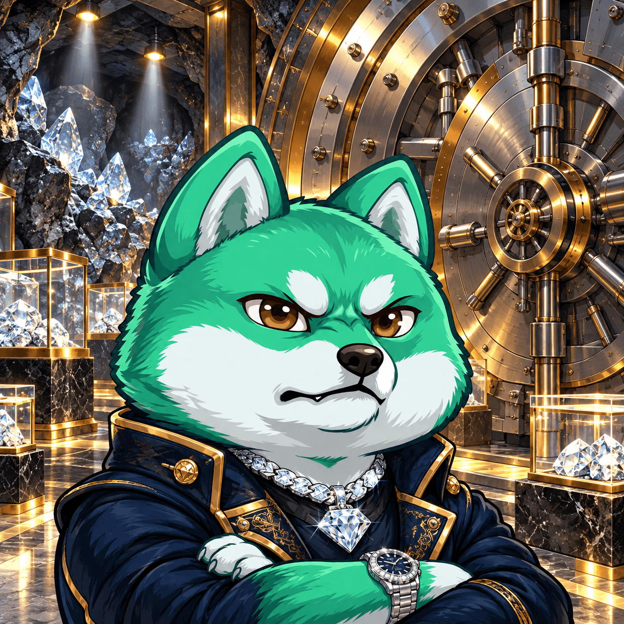 Pumpfun Inu — Diamond Inu: green and white Shiba Inu in a detailed illustrated environment