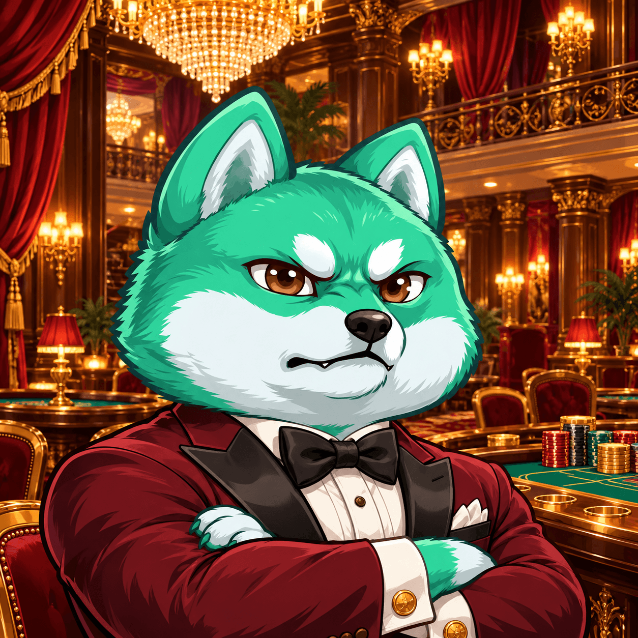 Pumpfun Inu — Casino Inu: green and white Shiba Inu in a detailed illustrated environment