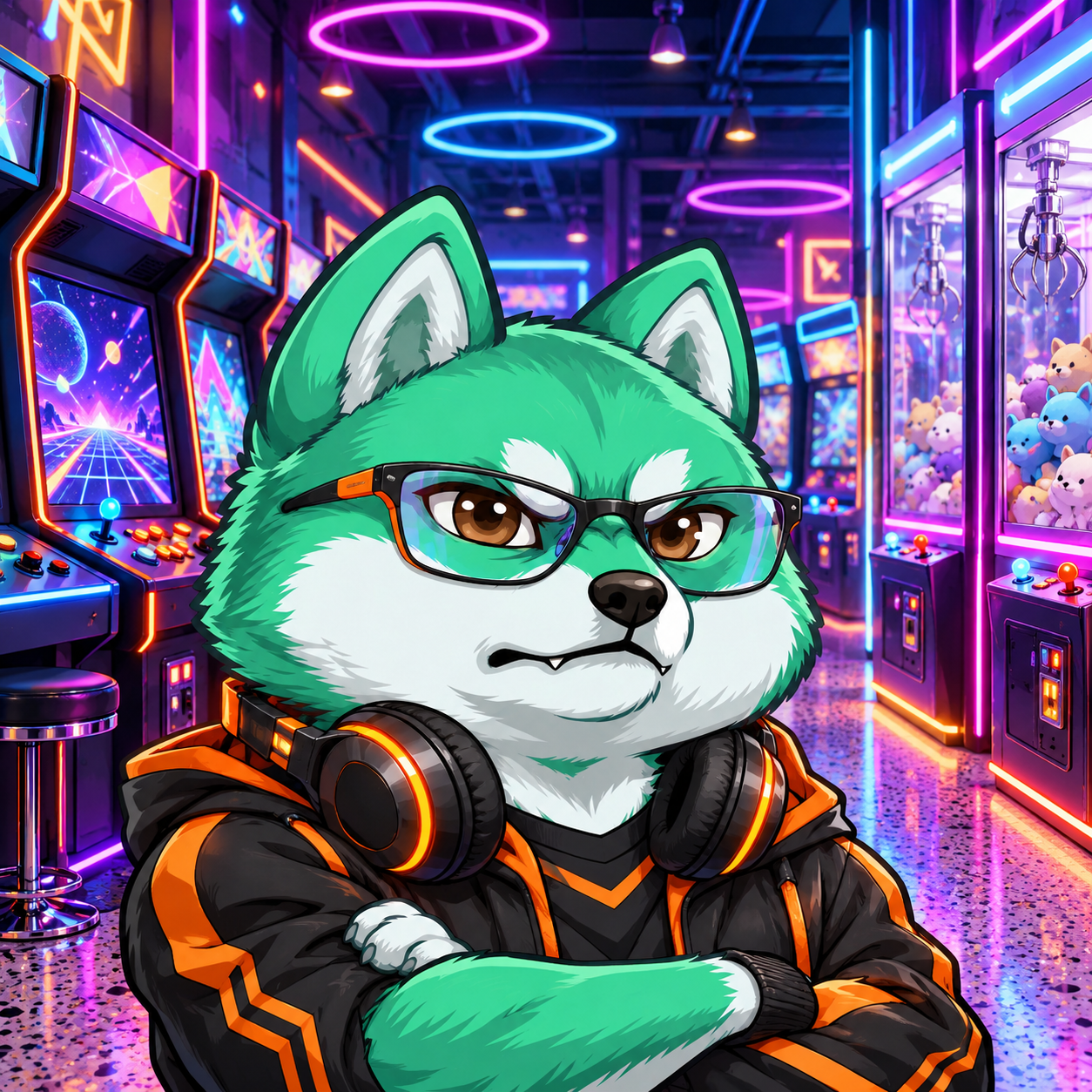 Pumpfun Inu — Gamer Inu: green and white Shiba Inu in a detailed illustrated environment